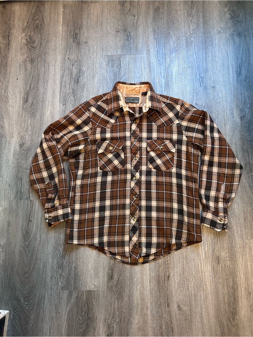 Vintage 70s Sears Sportswear Brown Plaid Flannel Shirt Men’s Sz Medium 1970s
